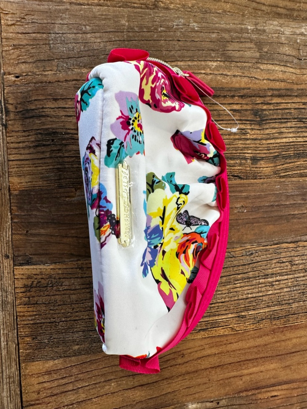 Betsey Johnson White Floral Cosmetic Pouch with Red Trim - Picture 3 of 6